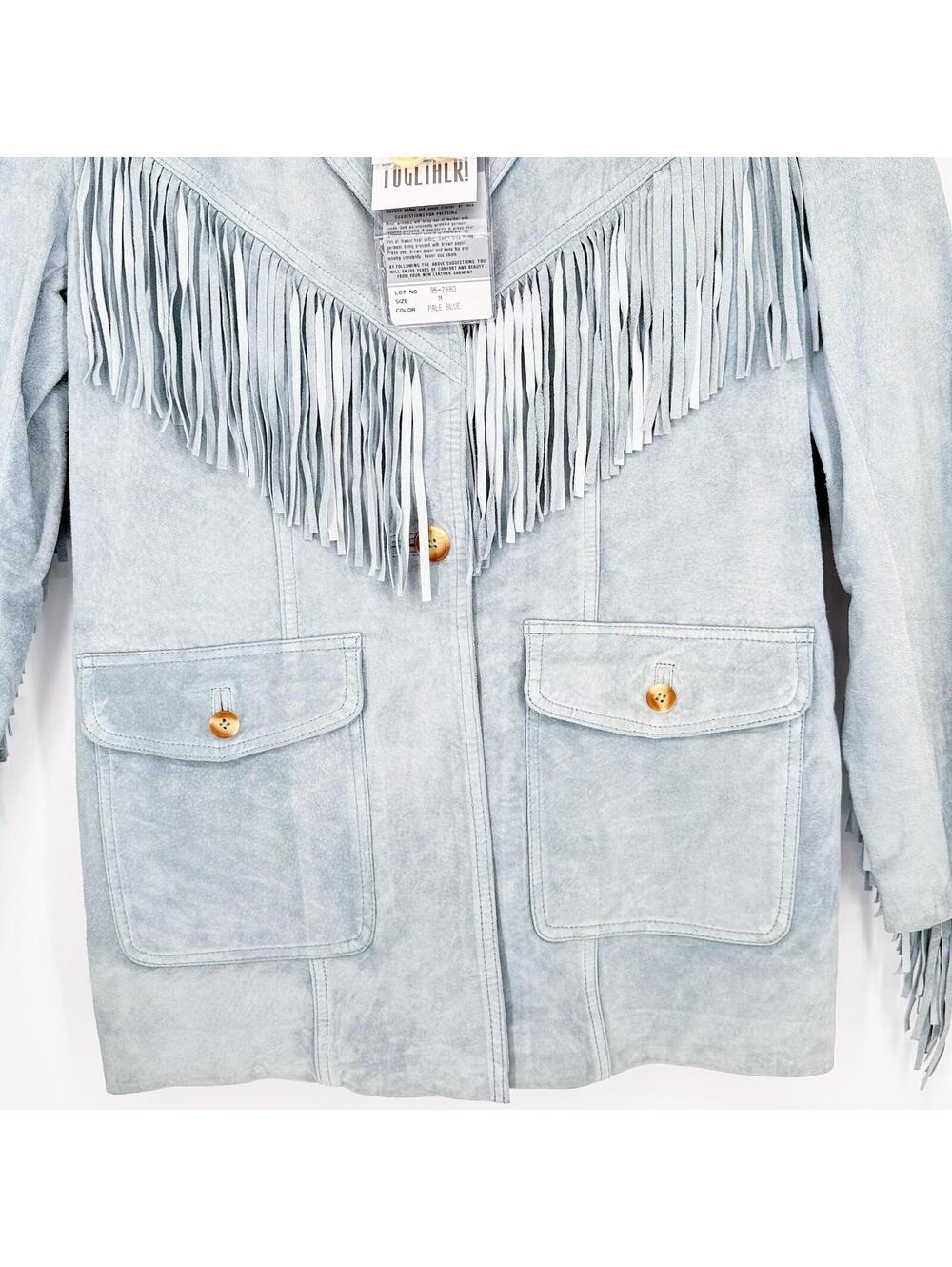 Vintage Together Leather Fringe Jacket Blue Western Boho Festival Womens Medium - Picture 5 of 9